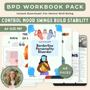 Puede incluir: Un paquete de cuadernos de trabajo sobre TLP con el texto "BPD WORKBOOK PACK" y "CONTROL MOOD SWINGS BUILD STABILITY". La portada presenta ilustraciones y el texto "Borderline Personality Disorder". Incluye 46 páginas y es una descarga instantánea.