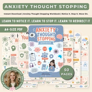 May include: An A4-size PDF Anxiety Thought Stopping workbook featuring 50 pages of educational content. The cover displays the title, a brain illustration, a stop sign, a lightbulb, a coffee mug, and a person with hands over their heart.