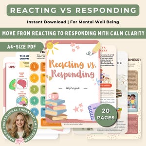 以下が含まれることがあります： メンタルウェルビーイングのための「Reacting vs. Responding」というタイトルのデジタルダウンロード。表紙にはピンクとオレンジ色のタイトル、本の山、ティーカップが描かれています。画像には「インスタントダウンロード」と「20ページ」というテキストが含まれています。