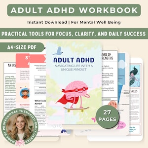 以下が含まれることがあります： 「ADULT ADHD WORKBOOK」というタイトルのデジタルワークブックで、「Instant Download | For Mental Well Being」というサブタイトルが付いています。表紙にはスケートボードに乗った脳のキャラクターが描かれています。このワークブックには、集中力、明晰さ、そして毎日の成功のための実用的なツールが含まれています。