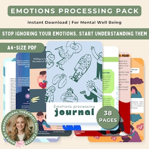 May include: A digital download pack for mental well-being, featuring an emotions processing journal. The pack includes an A4-size PDF with 38 pages. The cover has illustrations and the text "Emotions processing journal".