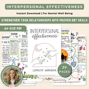 Puede incluir: Una colección de cuadernos de trabajo titulada "Interpersonal Effectiveness" con el texto "Descarga instantánea" y "Para el bienestar mental". La portada presenta una luna creciente, manos y estrellas. El cuaderno de trabajo es un cuaderno completo con 39 páginas.