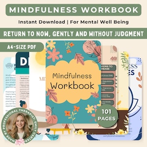 Puede incluir: Una colección de cuadernos de trabajo de mindfulness con el título "Mindfulness Workbook" en la portada. Los cuadernos de trabajo están diseñados para el bienestar mental y están disponibles para descarga instantánea. La imagen incluye el texto "Return to Now, Gently and Without Judgment".