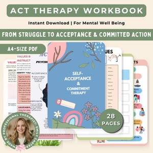 Op de afbeelding: Een digitale ACT Therapie Werkboek met de titel "Self-Acceptance & Commitment Therapy" en de tekst "From Struggle to Acceptance & Committed Action". Het werkboek is een directe download, A4-formaat PDF, met 28 pagina's.