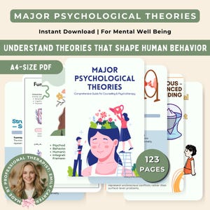 May include: A digital download titled "Major Psychological Theories" with the text "Instant Download | For Mental Well Being." The cover features an illustration of a person with flowers in their head. The book is 123 pages and is an A4-size PDF.