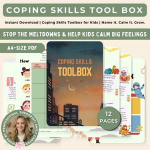 Op de afbeelding: Een 12-pagina tellende A4-PDF coping skills toolbox voor kinderen met een omslag van een stad bij zonsondergang, de tekst COPING SKILLS TOOLBOX en diverse werkbladen met illustraties van dinosaurussen, spoken en een astronaut.