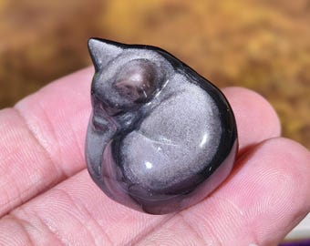 Può includere: Piccola statuetta di gatto in ossidiana lucida. Il gatto è rannicchiato, con la testa appoggiata sulle zampe. L'ossidiana ha una lucentezza argentata riflettente, creando un contrasto con il colore di base nero. La statuetta è tenuta in una mano.
