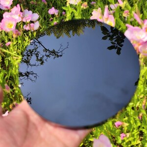 May include: A round, dark-colored mirror reflecting a blue sky and tree branches. The mirror is held in front of a background of green grass and pink flowers, creating a natural, outdoor scene.