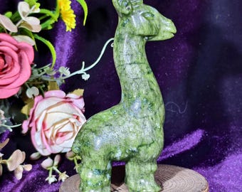 6'' Natural Green Jade Hand Carved Large Giraffe Sculpture, Crystal Giraffe Carving