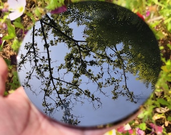 Può includere: Un oggetto rotondo e riflettente tenuto in mano, che riflette un cielo blu e rami di alberi. L'area circostante presenta erba verde e fiori colorati, creando una scena naturale all'aperto.
