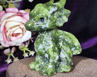 Natural Green Jade Hand Carved Baby Dragon Sculpture, Crystal Dragon Carving