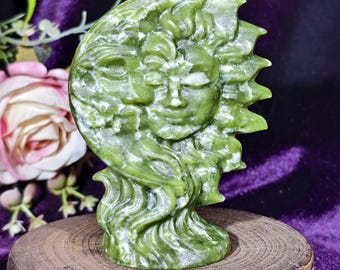 Natural Green Jade Hand Carved Sun Moon Goddess Sculpture, Crystal Sun Moon Face Carving