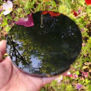 May include: A round, handheld mirror reflecting a vibrant outdoor scene. The mirror's surface captures the image of green foliage, a blue sky, and colorful flowers. The mirror is held against a backdrop of green grass and blooms.