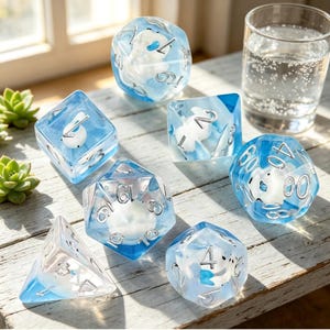 May include: A collection of seven polyhedral dice in various shapes, featuring a blue and white color scheme with a whimsical design. The dice have silver numbering and a cute character inside. A glass of water is in the background.