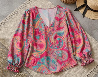 Pink Print Bell Sleeve Blouse