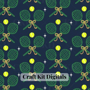 May include: A repeating pattern on a dark navy blue background featuring pairs of crossed green tennis rackets tied with tan bows, bright yellow tennis balls, and small white four-pointed stars. The text Craft Kit Digitals is centered.