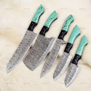 Damascus-Pattern Kitchen Knife Set with Turquoise Composite Handles