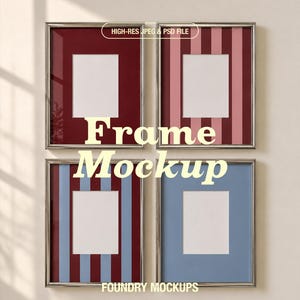 May include: Four rectangular silver frames arranged in a grid, each containing a white mat and a central rectangular space. The frames display different backgrounds: solid dark red, pink and red stripes, blue and red stripes, and solid light blue.