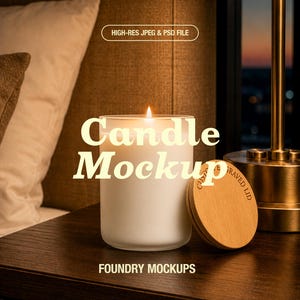 May include: A white frosted glass candle with a lit wick and a round wooden lid featuring the text CUSTOM ENGRAVED LID. The text HIGH-RES JPEG & PSD FILE and FOUNDRY MOCKUPS appear on the image, along with the large text Candle Mockup.