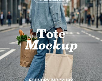 Canvas Tragetasche Mockup | Street Style schwarze Frau Modell (JPEG)