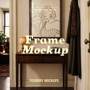 May include: A dark wood rectangular picture frame containing a line art illustration of a person holding a seashell. The frame is mounted on a wall above a dark wood console table. Text on the image reads HIGH-RES JPEG & PSD FILE, Frame Mockup, and FOUNDRY MOCKUPS.
