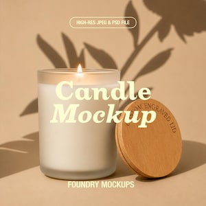 10oz Frosted Glass Candle Mockup, Botanical Shadow Scene, Bamboo Lid (PSD Download)