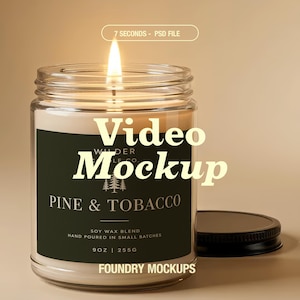 Candle Video Mockup PSD 9oz Clear Glass Jar 4K Studio Scene, Animated Flickering Flame Candle Label Mockup, Photoshop Smart Object