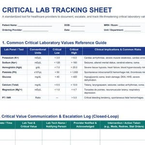 A form titled Critical Lab Tracking Sheet featuring a common clinical laboratory values reference guide and escalation log.