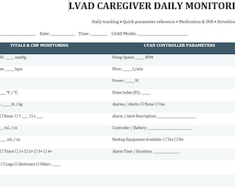 Planificador de peso, paquete imprimible de planificador de cuidados para LVAD, descarga digital de 5 páginas