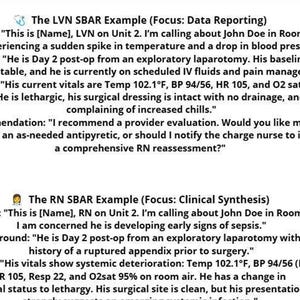 Two text examples illustrating SBAR communication for an LVN focusing on data reporting and an RN focusing on clinical synthesis.