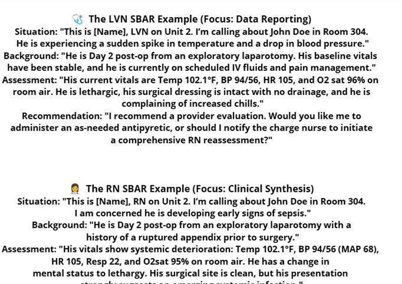 Two text examples illustrating SBAR communication for an LVN focusing on data reporting and an RN focusing on clinical synthesis.