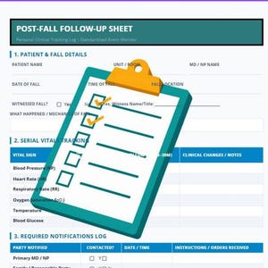 A post-fall follow-up sheet with sections for patient and fall details, serial vitals tracking, and required notifications.
