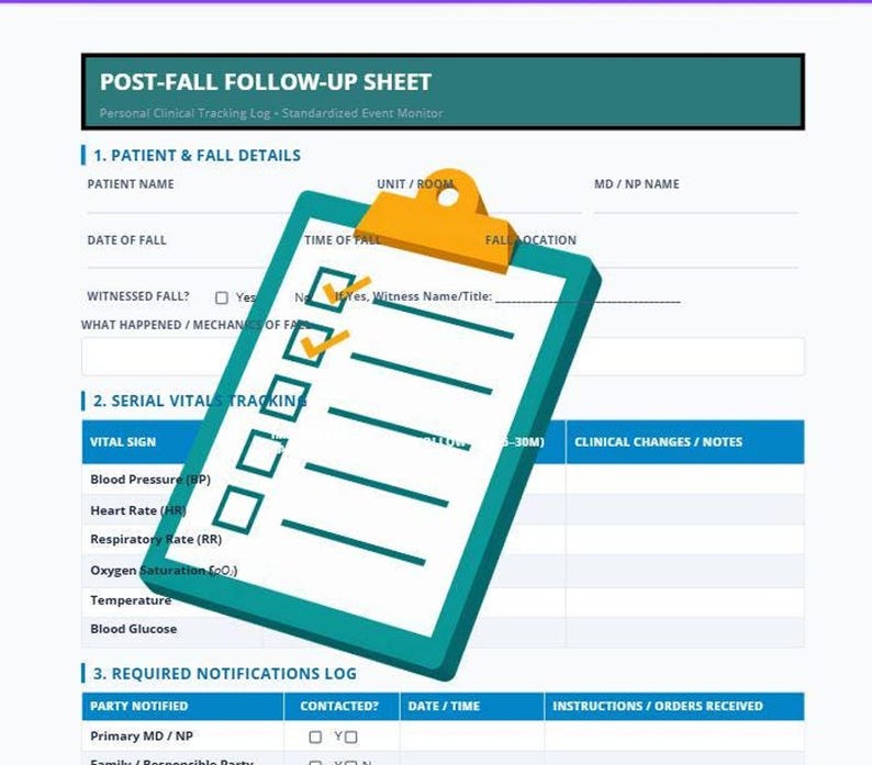 A post-fall follow-up sheet with sections for patient and fall details, serial vitals tracking, and required notifications.