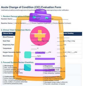 An evaluation form for acute changes of condition featuring resident demographics, vitals comparison, and systems review checklists.