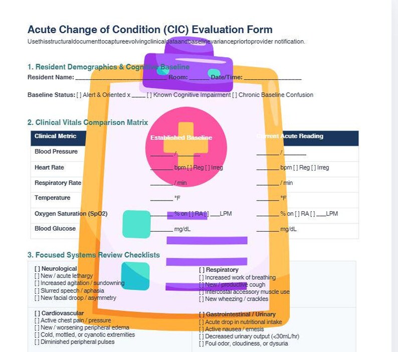 An evaluation form for acute changes of condition featuring resident demographics, vitals comparison, and systems review checklists.