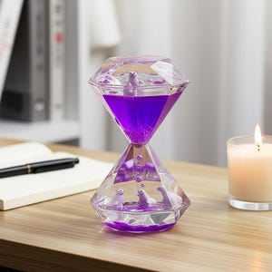 May include: A diamond-shaped liquid motion timer with purple liquid and small white seal figurines. The timer is on a wooden surface with a lit candle and a notebook in the background. The timer is a decorative item.