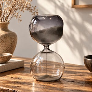 May include: An hourglass made of translucent, smoke-gray glass with an irregular, organic shape. The top bulb is partially filled with fine, dark gray sand that flows through the narrow center neck into the bottom bulb, creating a small pile.
