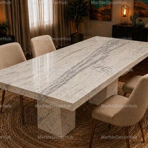 Carrara Marble Dining Table – Luxury Natural Stone Table – Modern Rectangular Marble Kitchen Table – Handcrafted Marble Base Dining Table
