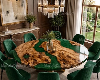 Luxury Emerald Epoxy River Dining Table Round Live Edge Wood Table Handmade Modern Dining Furniture Emerald Green Resin Wood Dining Table