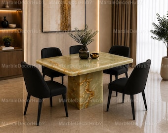 Luxury Green Onyx Dining Table – Handmade Marble Stone Dining Table with Pedestal Base, Modern Luxury Dining Room Furniture