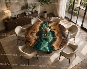 Handmade Burl Wood Epoxy River Dining Table – Emerald Ocean Wave Round Furniture