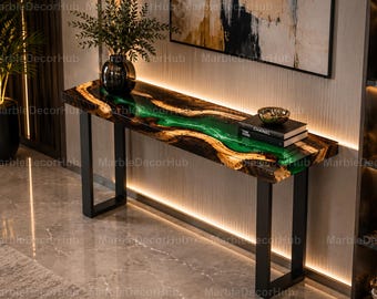 Emerald Epoxy River Console Table – Luxury Live Edge Wood Entryway Table Modern Hallway Sofa Table Handmade Green Epoxy River Console Table
