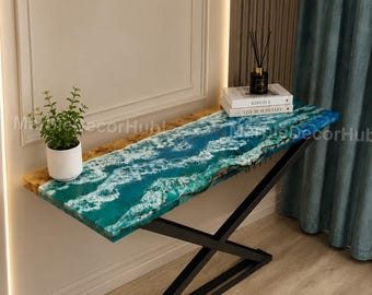 Ocean Epoxy Console Table, Live Edge Wood Resin Entryway Table, Coastal Blue River Console, Modern Sofa Table Blue Ocean Resin Console Table