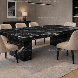 Spider Black Marble Dining Table – Nero Marble Pedestal Base – Luxury Stone Dining Table – Modern High-End Home Decor – Black Spider Vein