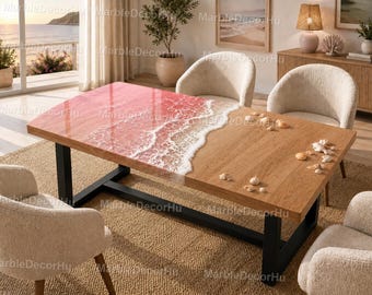 Ocean Wave Epoxy Dining Table – Pink Resin Beach Style Wood Table Luxury Coastal Dining Room Furniture Blush Pink Epoxy River Dining Table