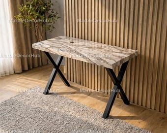 Calacatta Marble Desk, Luxury Italian Marble Office Desk, Modern Steel X Leg Desk, Minimalist Workspace Table , White Marble Office Table,