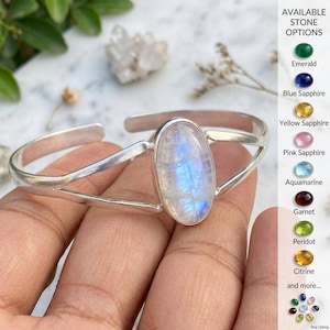 Oval Moonstone Cuff Bracelet, Sterling Silver Open Bangle, Handmade Gemstone Bracelet, Gift for Her