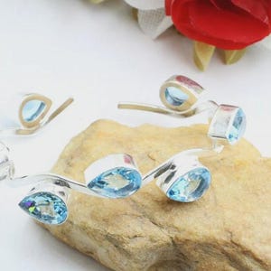 Handmade Blue Topaz Cuff Bracelet, Sterling Silver Open Bangle, Sky Blue Gemstone)