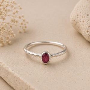 Oval Ruby Solitaire Ring, Sterling Silver Band, Minimalist Gemstone Jewelry, July Birthstone Promise Piece, Gift for Women