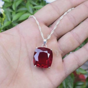 Cushion Cut Ruby Pendant Necklace, Sterling Silver, July Birthstone Jewelry